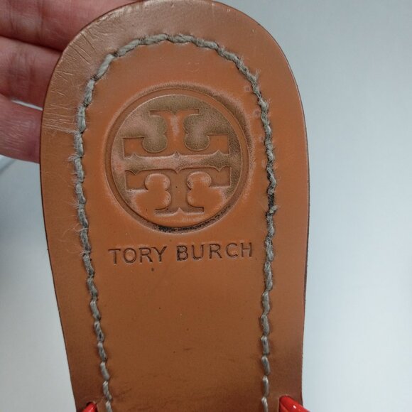 Tory Burch Flat Patent Leather Thong Sandals Women Flip Flop Orange Logo US 7.5 - Picture 15 of 16